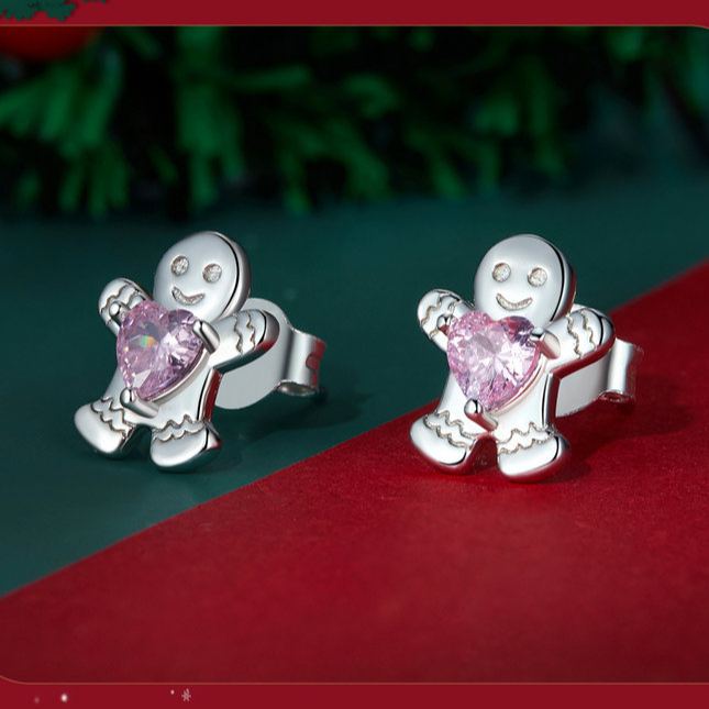 S925 Sterling Silver Christmas Gingerbread Man Stud Earrings