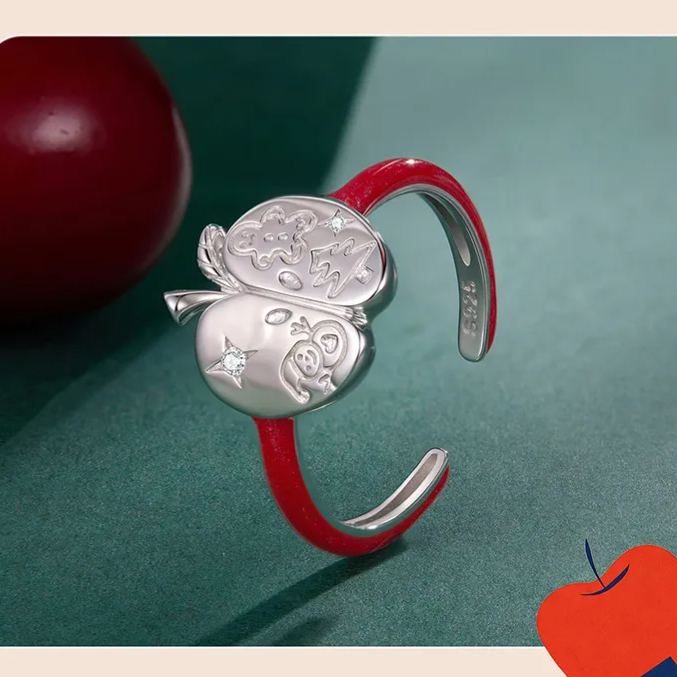 S925 Sterling Silver Christmas Apple Open Ring
