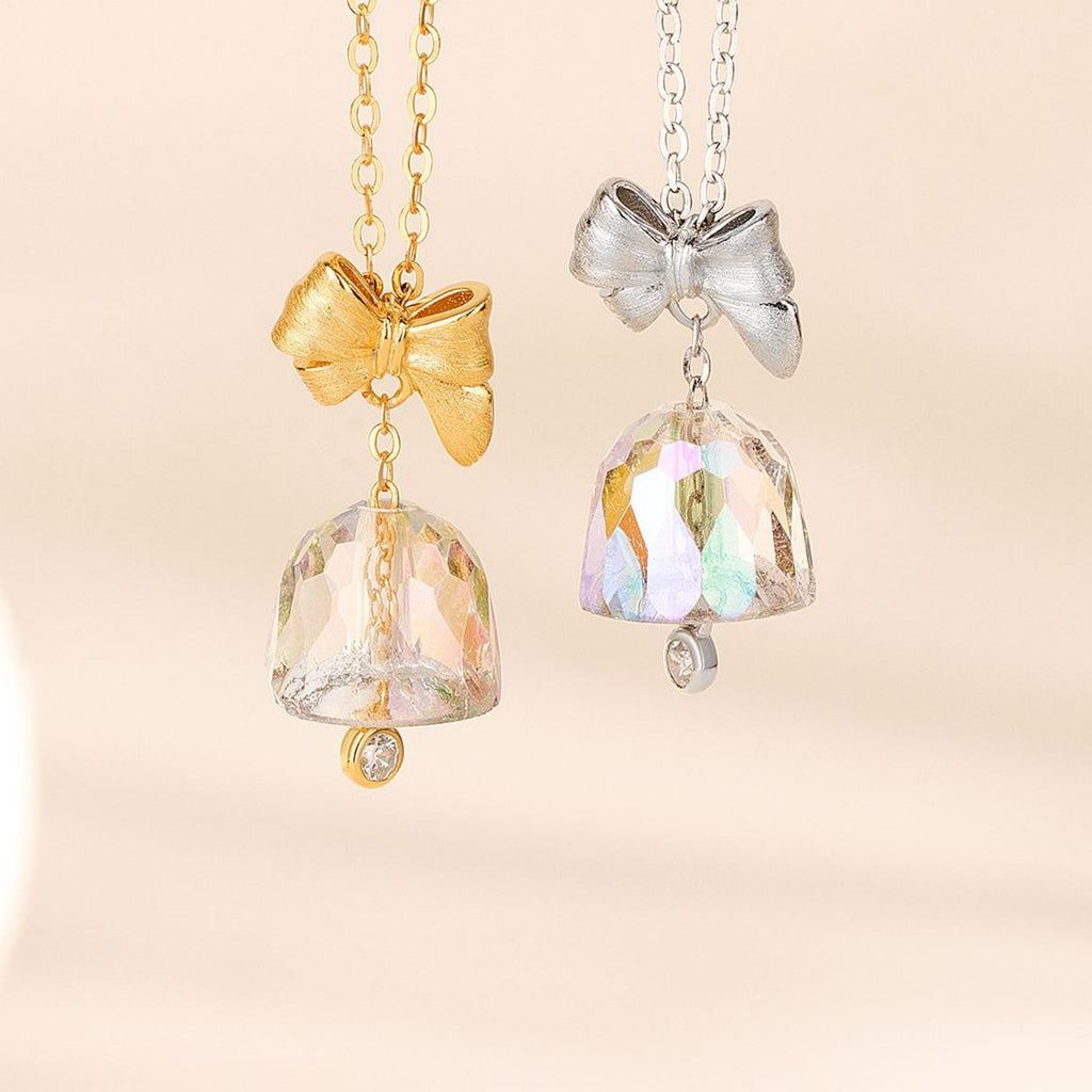 S925 Sterling Silver Brushed-Finish Christmas Bow and Bell Necklace