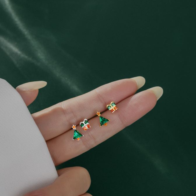 S925 Sterling Silver Asymmetrical Christmas Tree and Gift Earrings