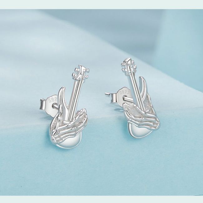 S925 Sterling Silver Halloween Skeleton Hand Bass Stud Earrings