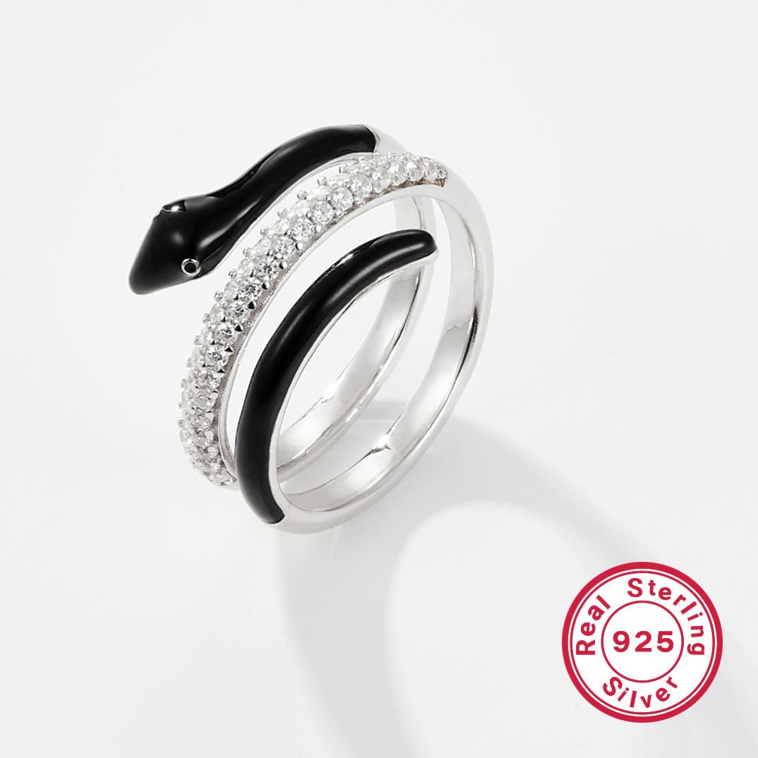 S925 Sterling Silver Halloween Serpent Ring – Black & White Enamel with Zirconia Inlay