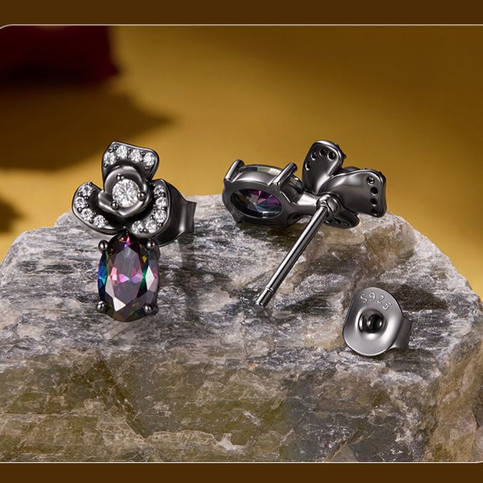 S925 Silver Halloween Dark Night Black Rose Stud Earrings