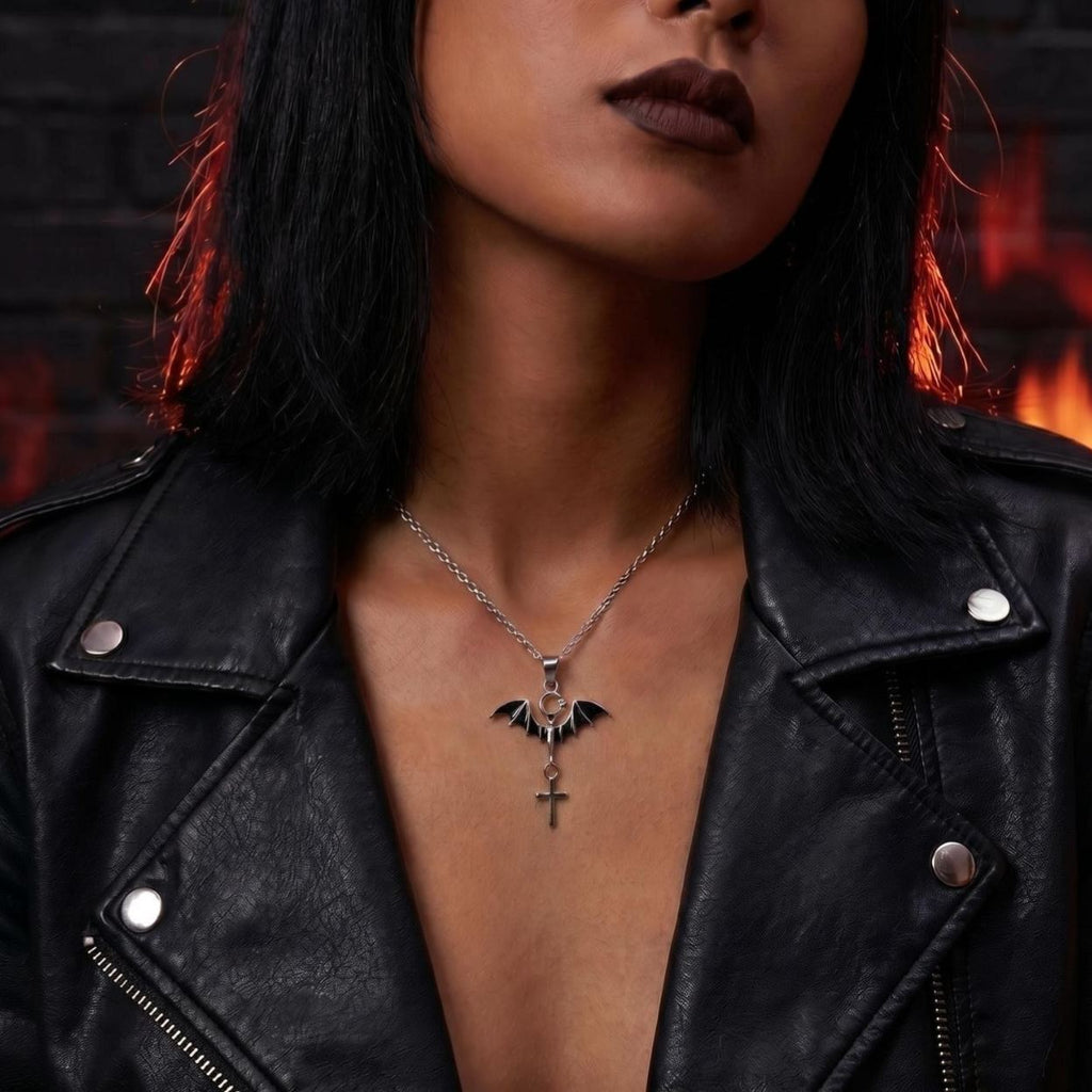 S925 Sterling Silver Halloween Bat Cross Necklace