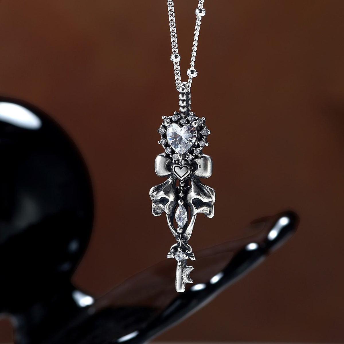 S925 Silver Halloween Heart-Shaped Bow Key Necklace