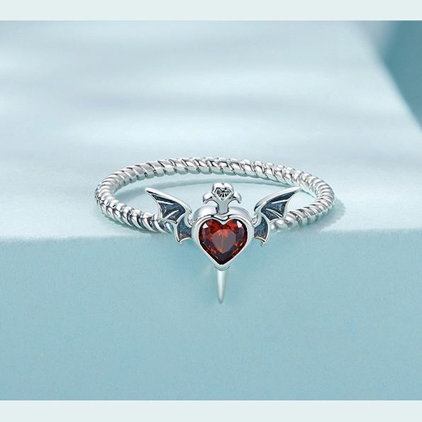 S925 Sterling Silver Halloween Heart-and-Wings Twisted Ring
