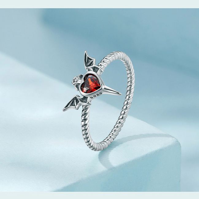 S925 Sterling Silver Halloween Heart-and-Wings Twisted Ring