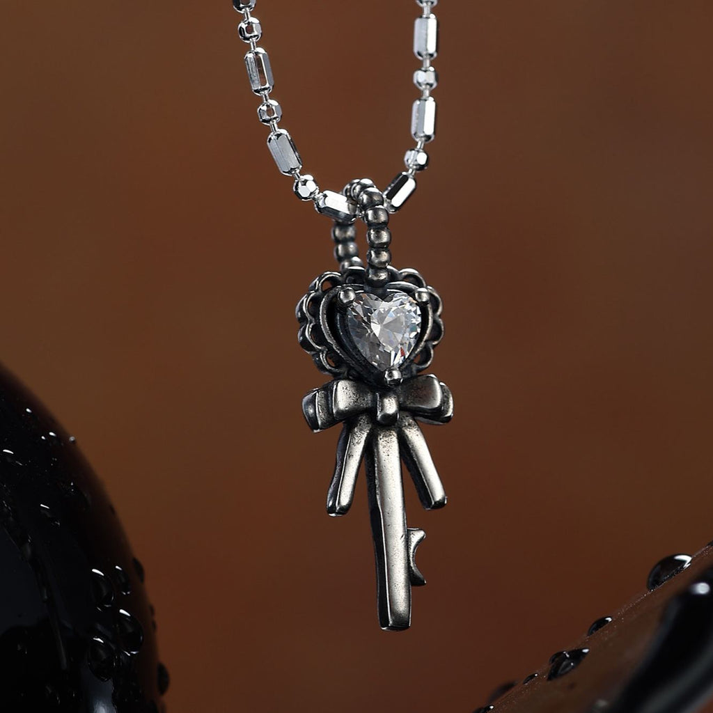 S925 Sterling Silver Halloween Bow & Heart Key Necklace