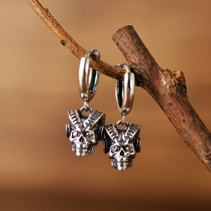 S925 Sterling Silver Halloween Ram-Horned Skull Zircon Earrings