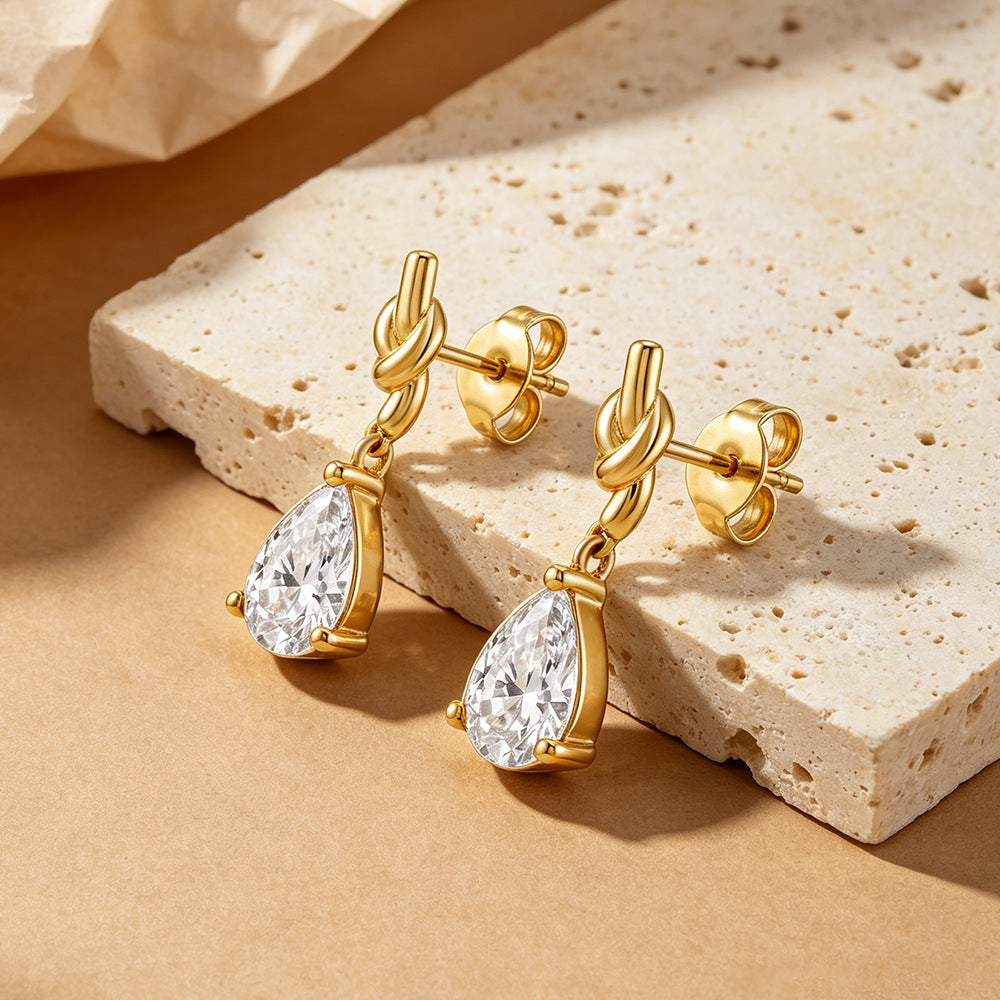 Knot Pear Cut CZ Drop Earrings, Gold Plated – wholesale earrings in bulk
