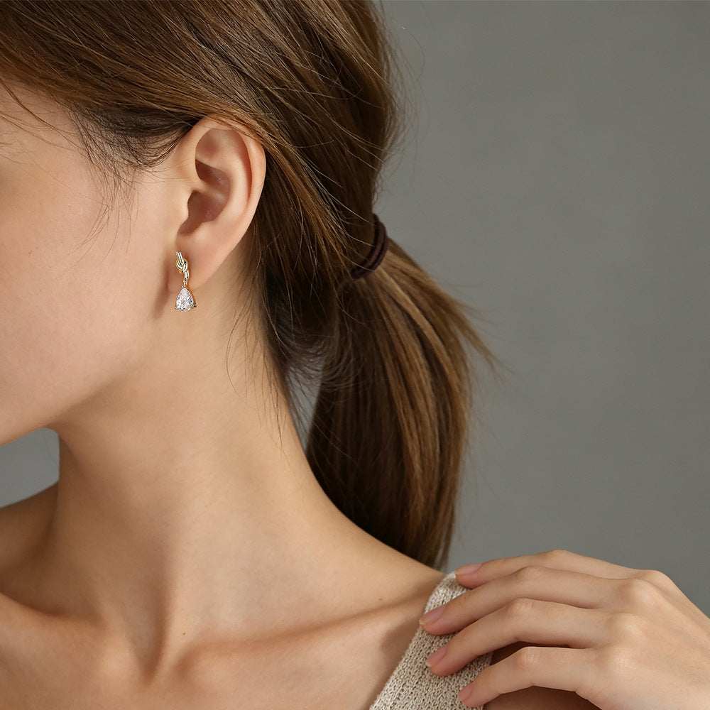 Knot Pear Cut CZ Drop Earrings, Gold Plated – detail view 3