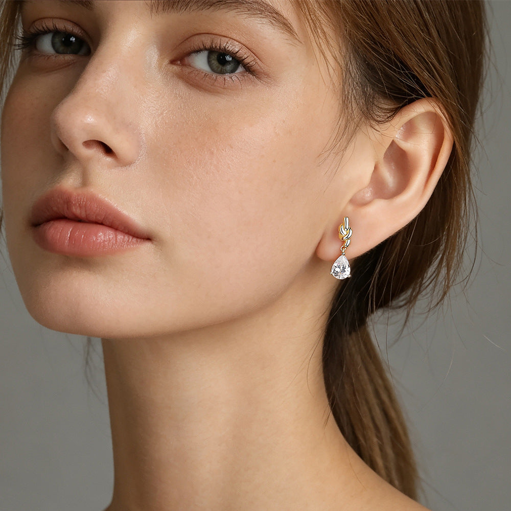 Knot Pear Cut CZ Drop Earrings, Gold Plated – image 4