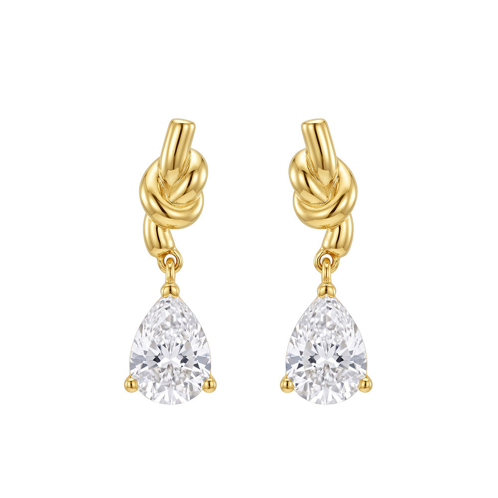 Knot Pear Cut CZ Drop Earrings, Gold Plated – image 5