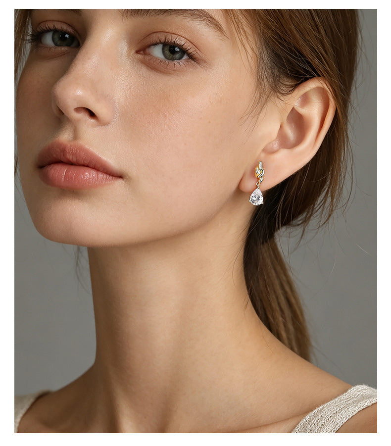Knot Pear Cut CZ Drop Earrings, Gold Plated – image 6