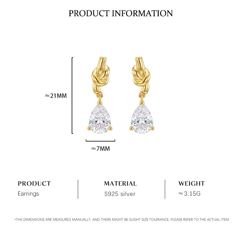 Knot Pear Cut CZ Drop Earrings, Gold Plated – image 7
