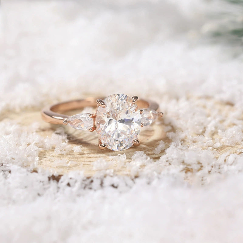 Oval CZ Three-Stone Ring With Pear Accents – wholesale silver rings