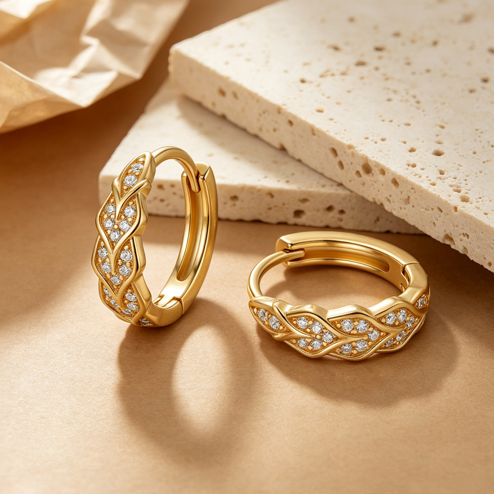 Vintage Pavé Leaf Huggie Earrings, Gold Plated – detail view 3