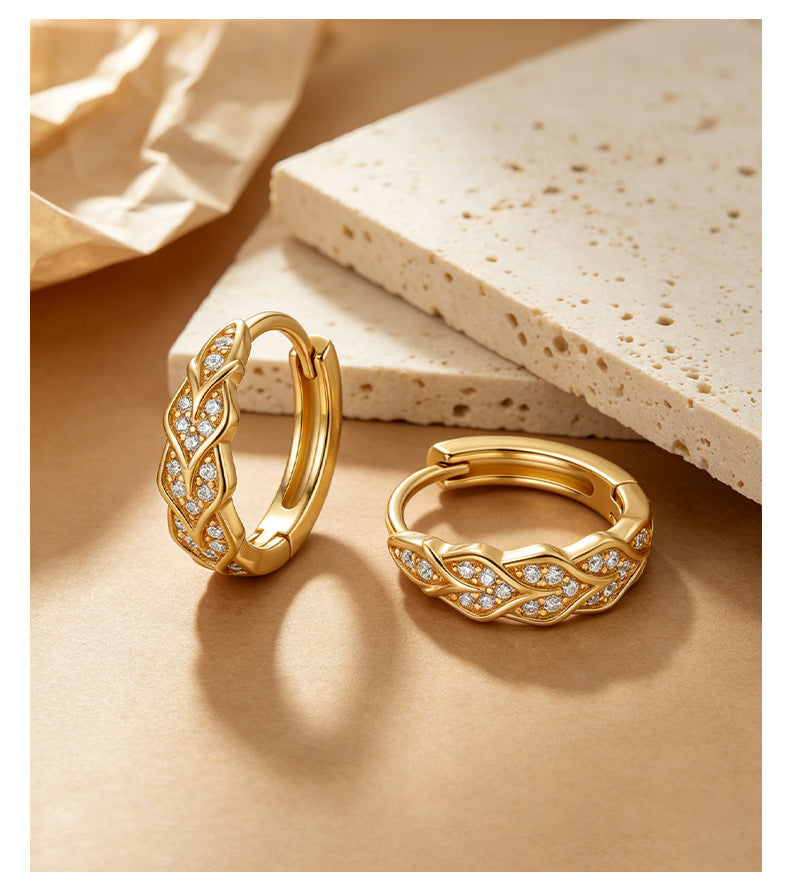 Vintage Pavé Leaf Huggie Earrings, Gold Plated – image 7