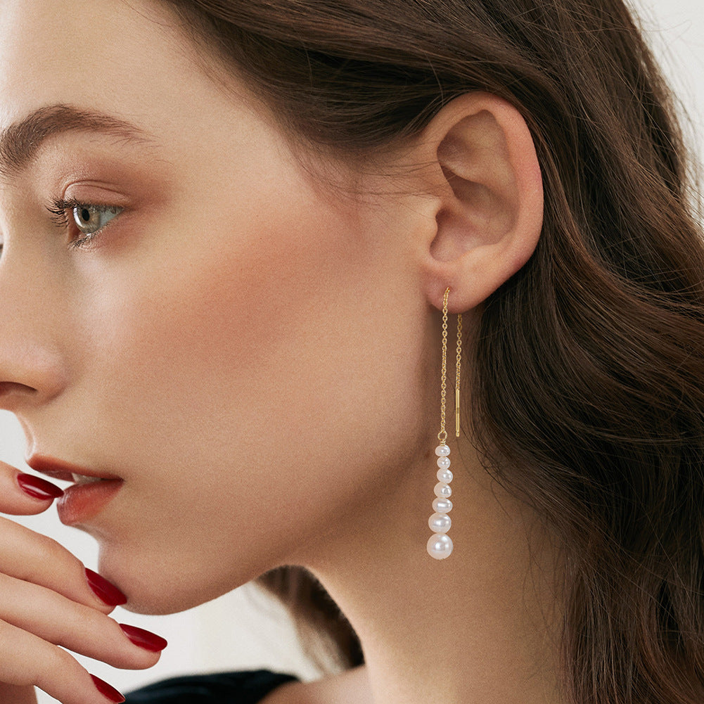 Gold-Plated Graduated Pearl Threader Earrings – image 4