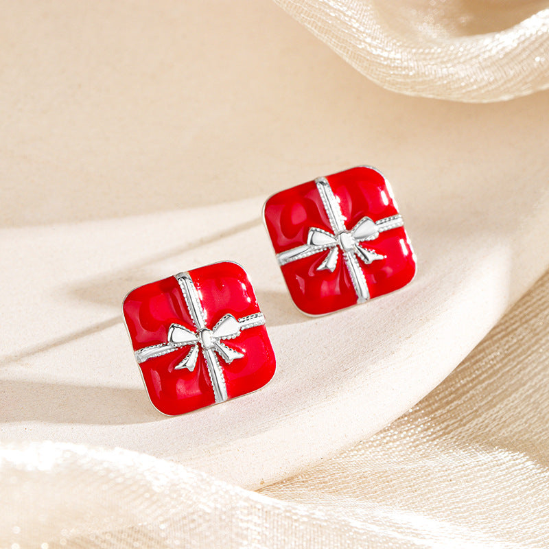 Red Christmas Gift Box Stud Earrings