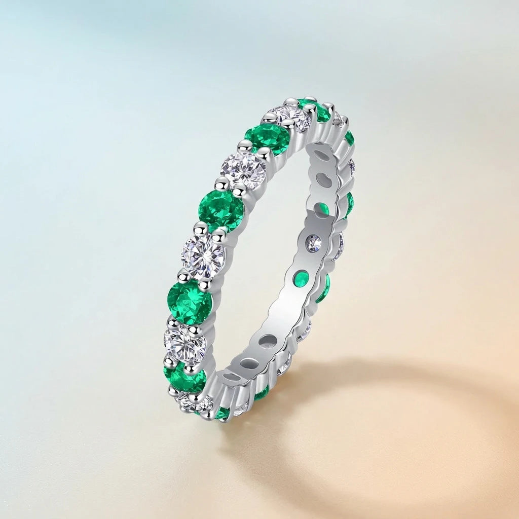 Ring with Green and Red Sapphires and Moissanite