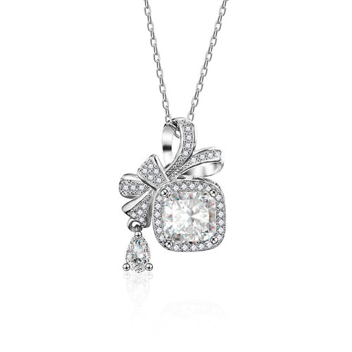 Moissanite Bow Square Pendant Necklace