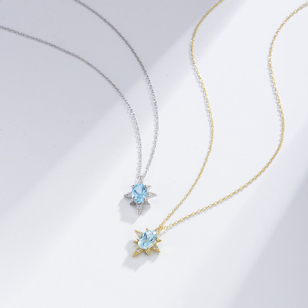 Eight Awn Star Pendant Sky Blue Natural Topaz Necklace