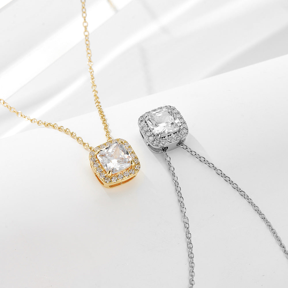 Geometric Pattern Square Zircon Pendant Necklace