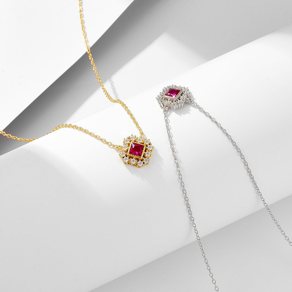 Geometric Square Ruby Hollow Pendant Zircon Necklace