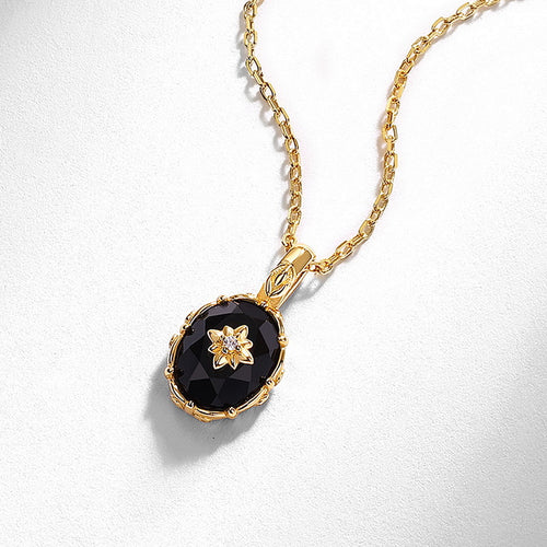 Gold-Plated Flower Black Agate Necklace