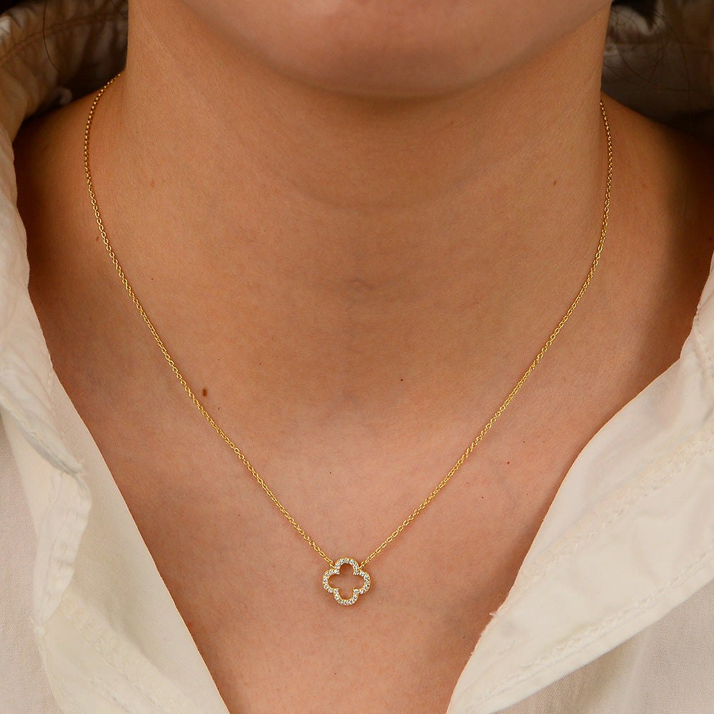 Hollow Zircon Inlaid Four Leaf Clover Necklace – wholesale silver necklaces