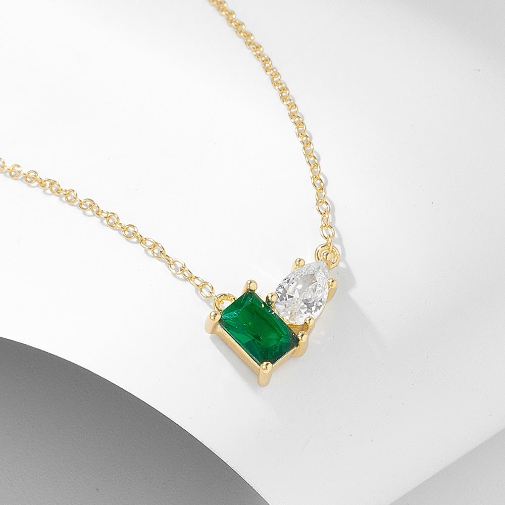 Inlaid Emerald Rectangular Water Drop Zircon Necklace