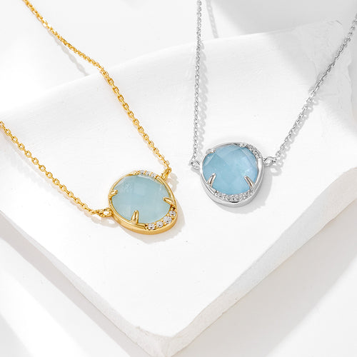Oval Egg-Shaped Natural Aquamarine Zircon Pendant Necklace