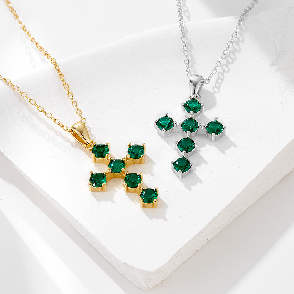 Retro Emerald Zircon Cross Pendant Necklace