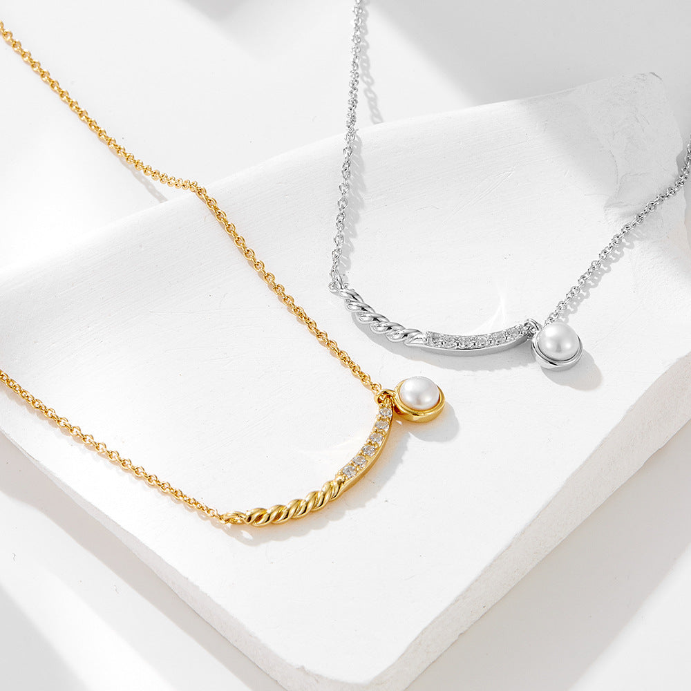 Simple Zircon Inlaid Pearl Pendant Necklace