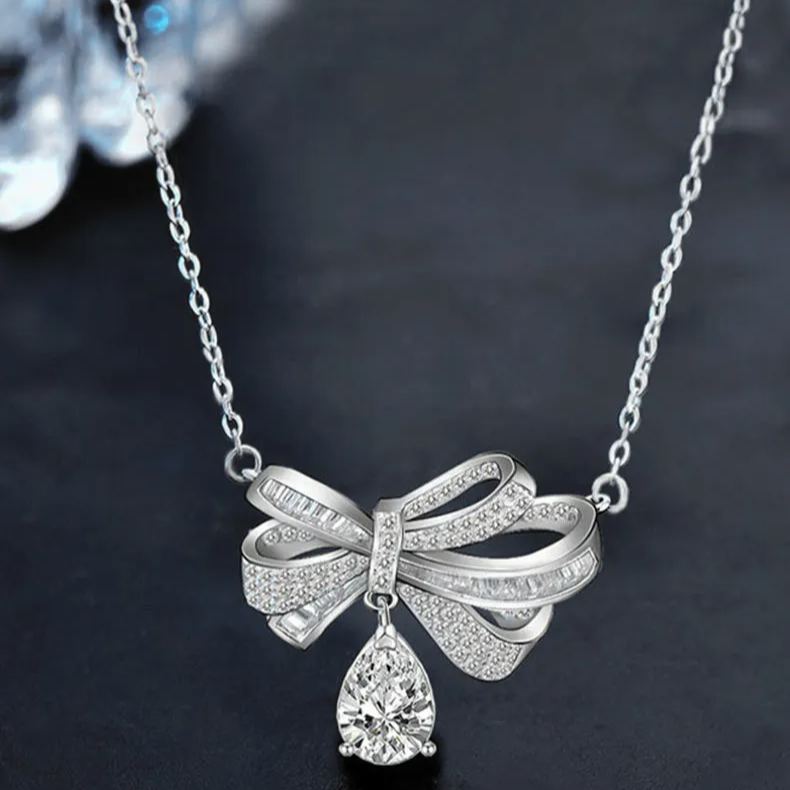 Moissanite Bow Tassel Teardrop Necklace – wholesale moissanite jewelry