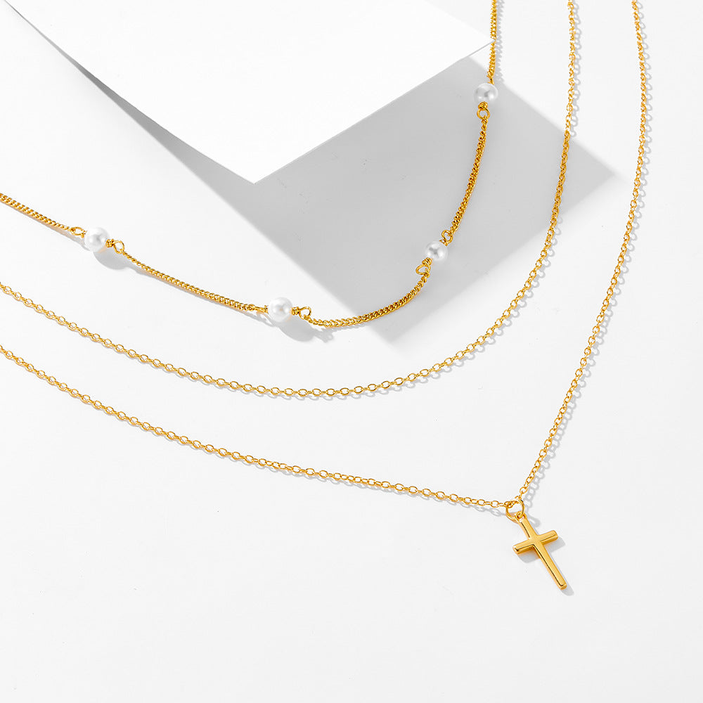 Vintage Pearl Cross Pendant Necklace