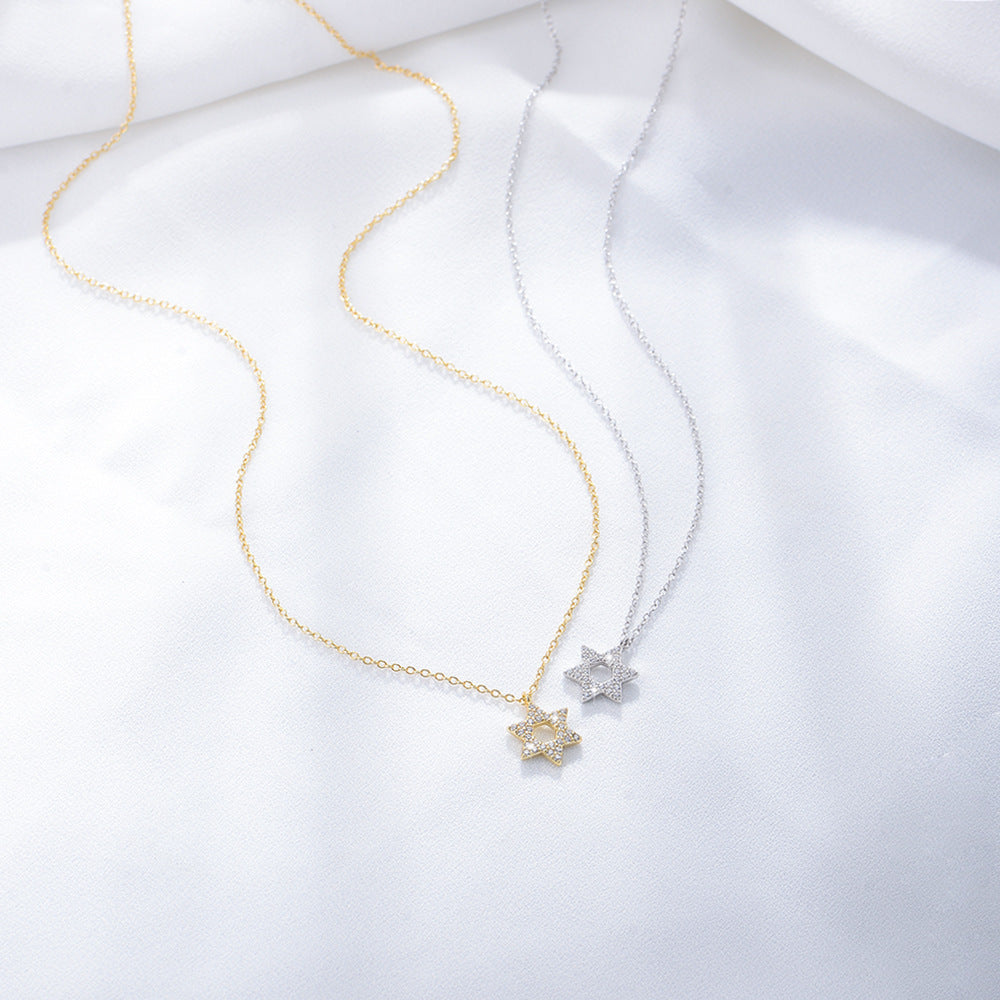 Shiny Zircon Six-Pointed Star Pendant Necklace