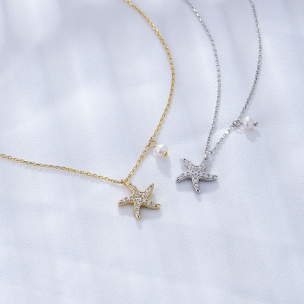 Zircon Inlaid Starfish Five-Pointed Star Pearl Necklace