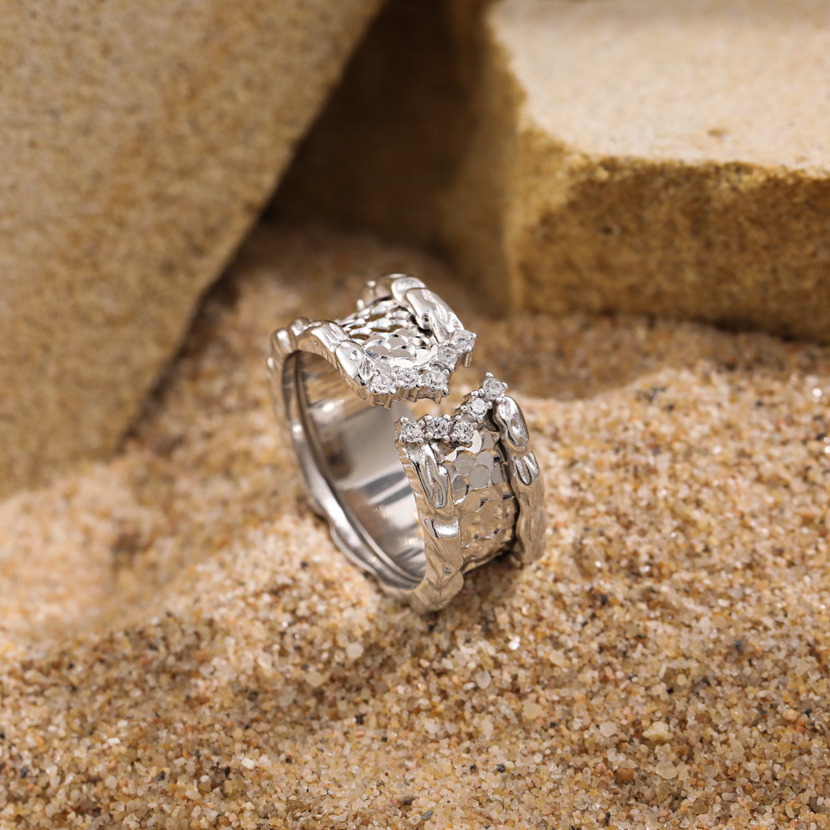 Textured Scale CZ Open Band Ring – wholesale silver rings