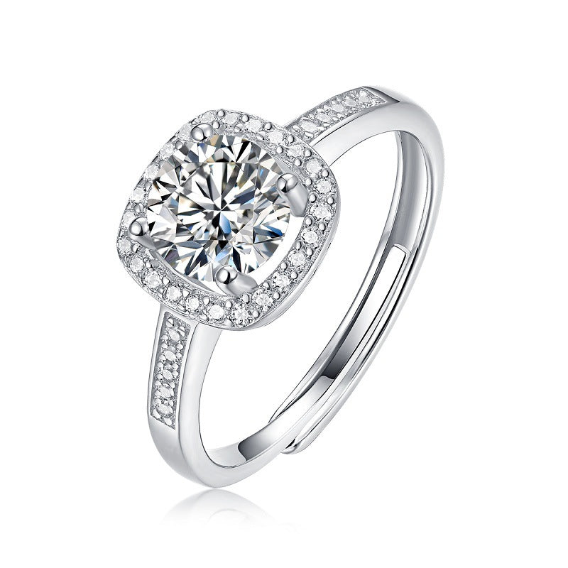 Small Square Adjustable Open Ring With Moissanite Halo Setting