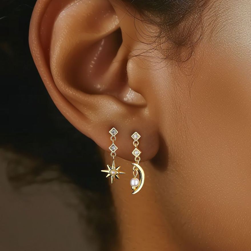 Star and Moon Stud Earrings with Zirconia – image 4