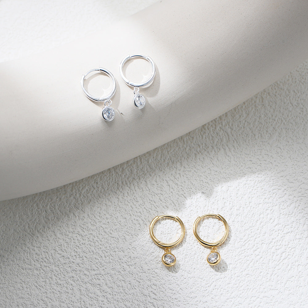 Dainty Round Stone Drop Hoop Earrings – image 4