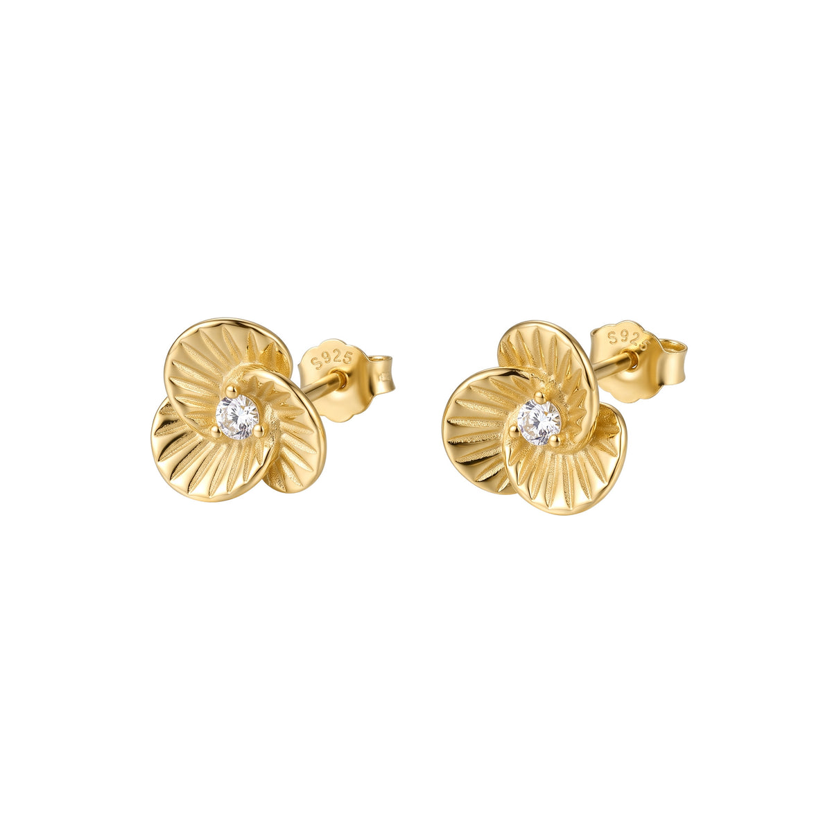 Vintage Sunburst Flower Stud Earrings, Gold Plated