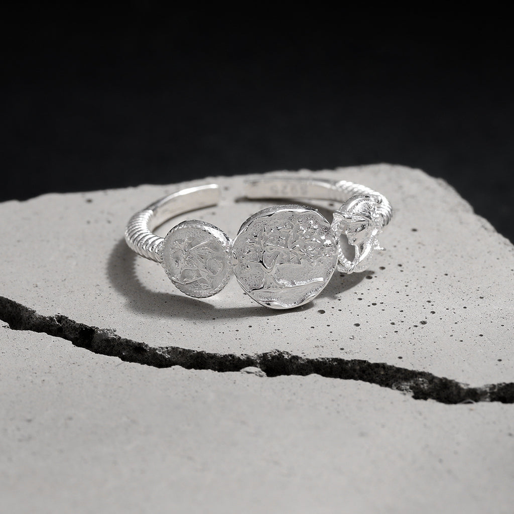 Tree of Life and Face Medallion Open Ring – detail view 3