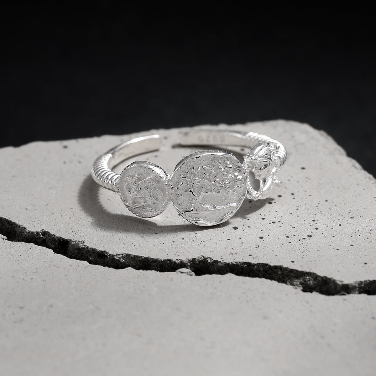 Tree of Life and Face Medallion Open Ring – detail view 3