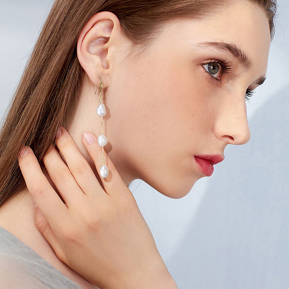 Triple Freshwater Pearl Chain Drop Earrings – wholesale earrings in bulk