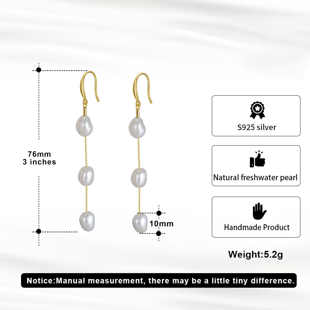 Triple Freshwater Pearl Chain Drop Earrings – detail view 3