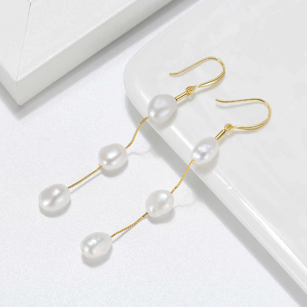Triple Freshwater Pearl Chain Drop Earrings – image 4