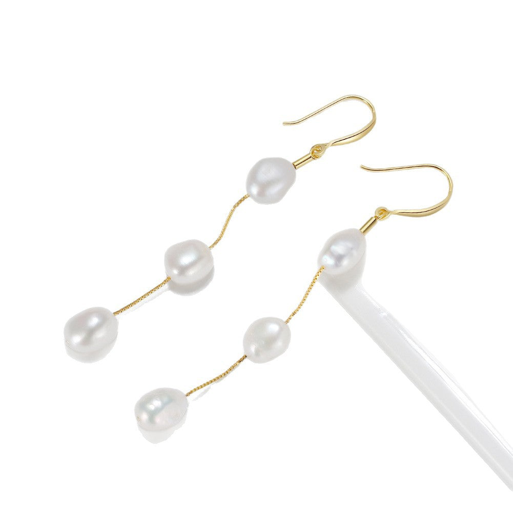 Triple Freshwater Pearl Chain Drop Earrings – image 5